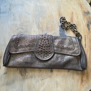 Steve Madden Y2K Bronze Metallic Studded Clutch Wristlet W/Chain